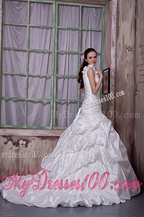 Handle Flowers Beading and Pick-ups Decorated One Shoulder Bridal Dresses