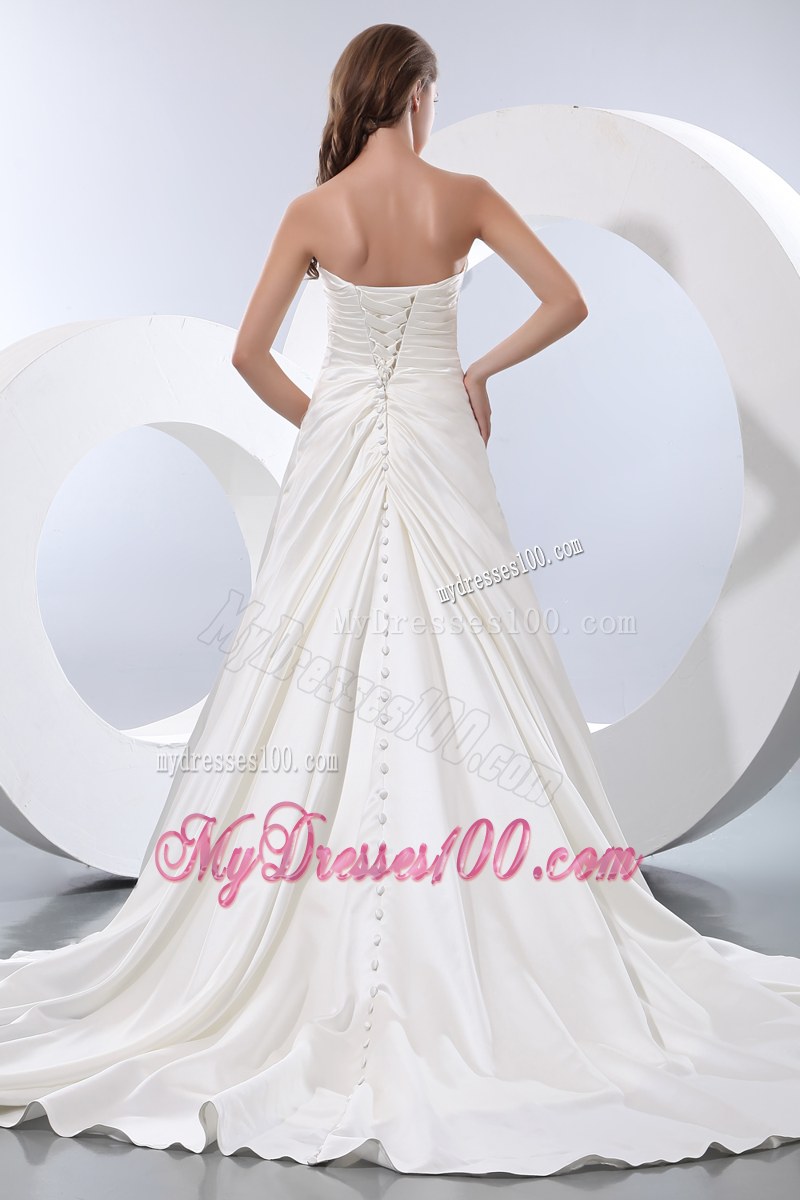 Ruching Slit and Lace Flowers Decorated Court Tain Bridal Gowns