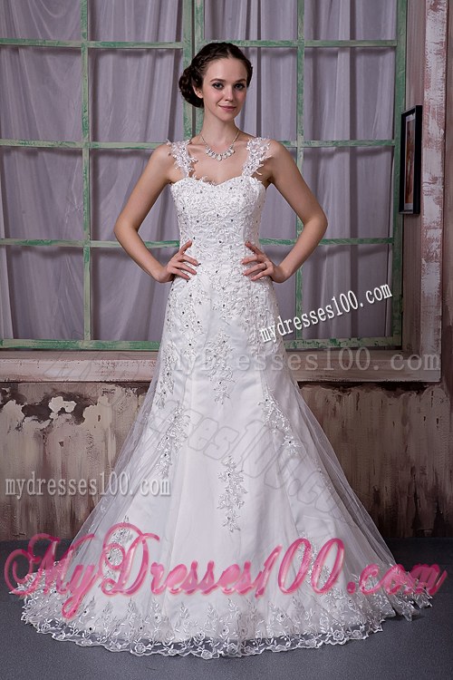 Lace Flowers Straps Beaded Wedding Bridal Gowns with Sweep Train