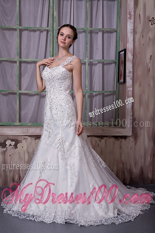 Lace Flowers Straps Beaded Wedding Bridal Gowns with Sweep Train
