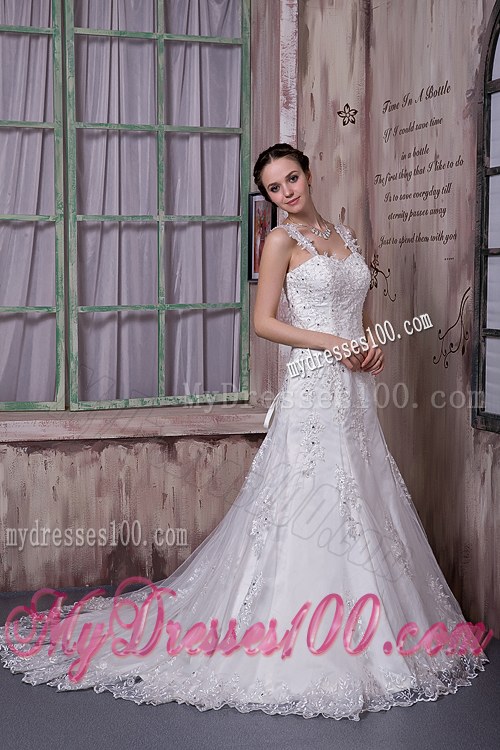 Lace Flowers Straps Beaded Wedding Bridal Gowns with Sweep Train
