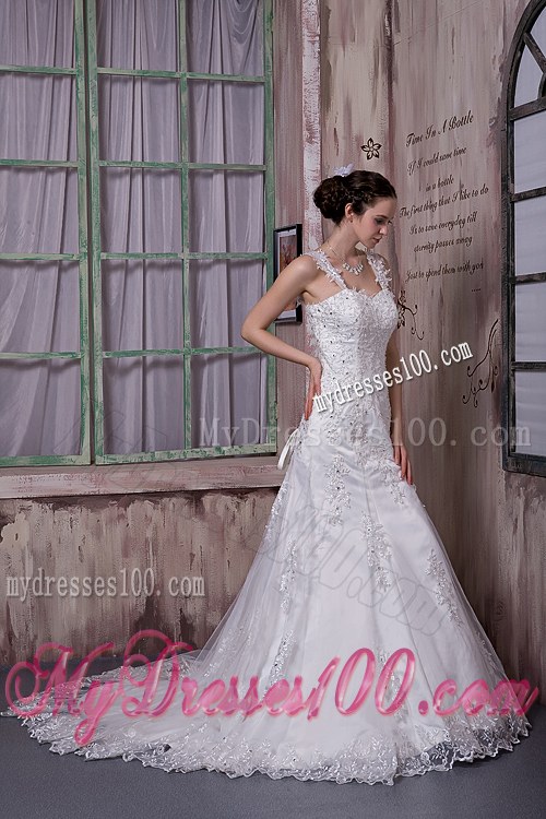 Lace Flowers Straps Beaded Wedding Bridal Gowns with Sweep Train