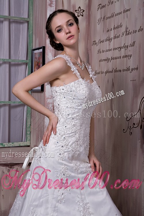 Lace Flowers Straps Beaded Wedding Bridal Gowns with Sweep Train