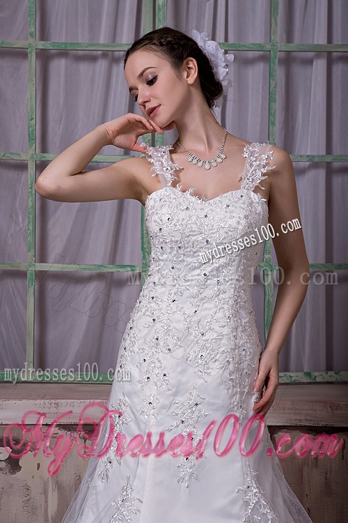 Lace Flowers Straps Beaded Wedding Bridal Gowns with Sweep Train