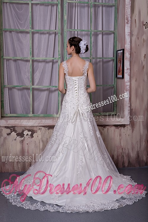 Lace Flowers Straps Beaded Wedding Bridal Gowns with Sweep Train
