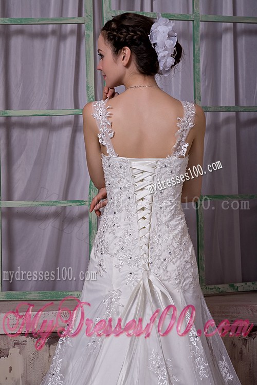 Lace Flowers Straps Beaded Wedding Bridal Gowns with Sweep Train