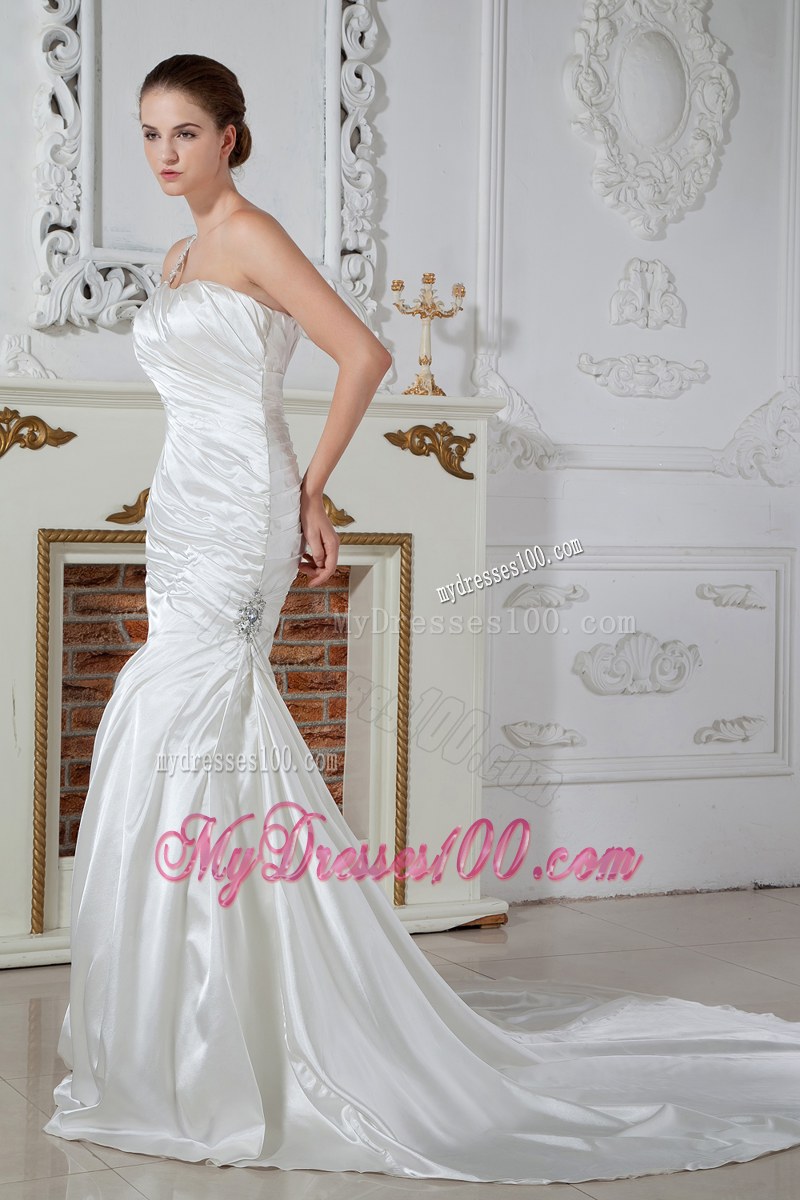 Pretty One Shoulder Beaded Ruche Mermaid Dress for Brides in White