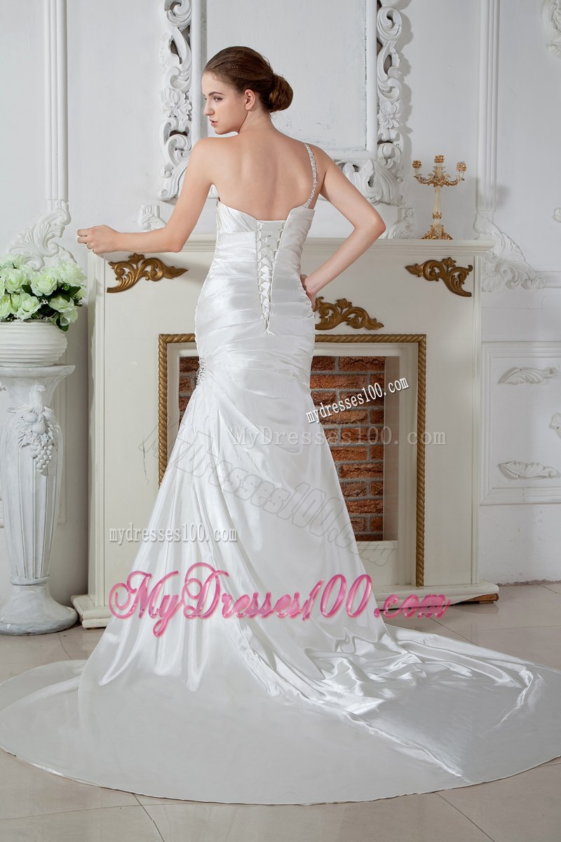 Pretty One Shoulder Beaded Ruche Mermaid Dress for Brides in White