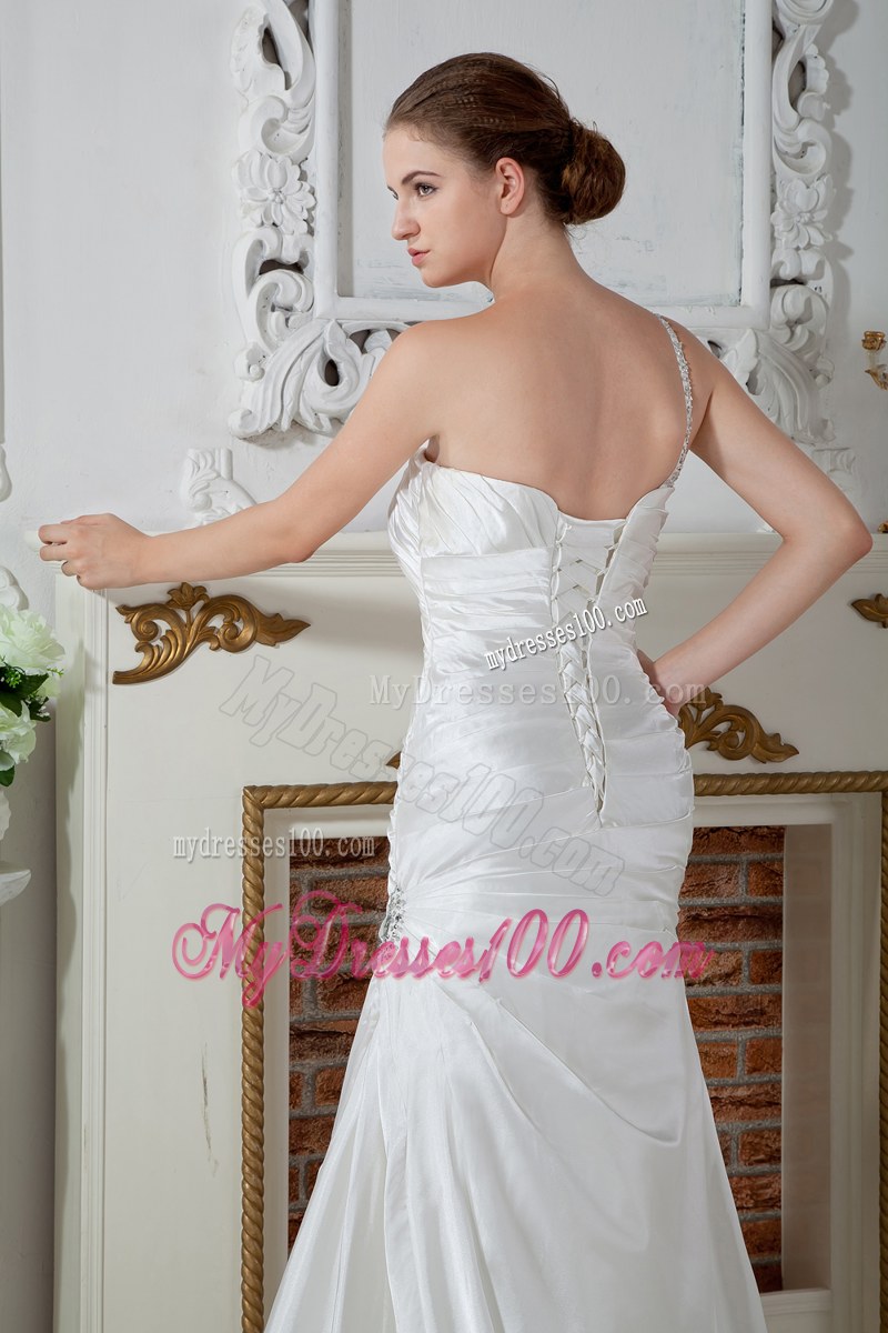 Pretty One Shoulder Beaded Ruche Mermaid Dress for Brides in White