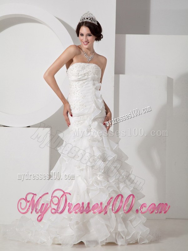 Strapless Mermaid Brush Train Wedding Gown with Appliques and Ruche