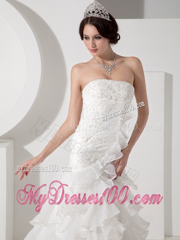 Strapless Mermaid Brush Train Wedding Gown with Appliques and Ruche