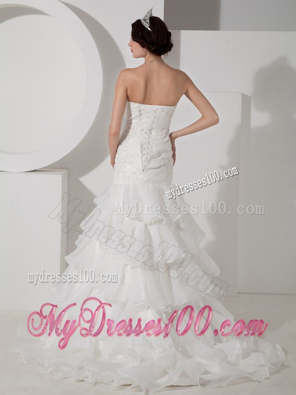 Strapless Mermaid Brush Train Wedding Gown with Appliques and Ruche