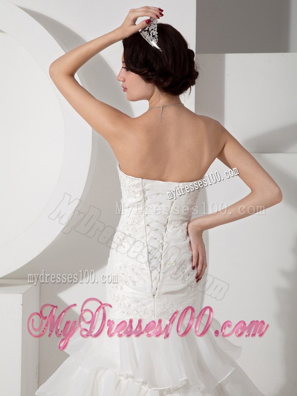 Strapless Mermaid Brush Train Wedding Gown with Appliques and Ruche