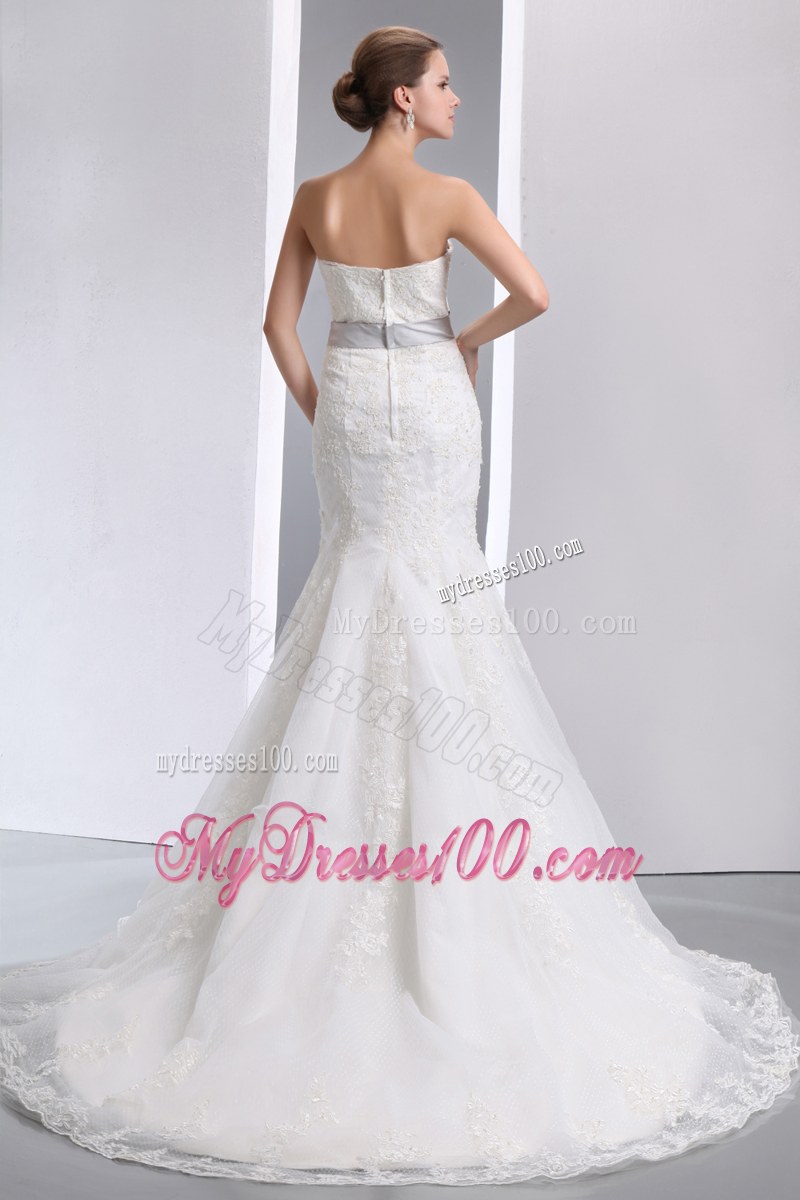 Petal Neckline Sweep Train Wedding Dresses with Handle Flowers Sash