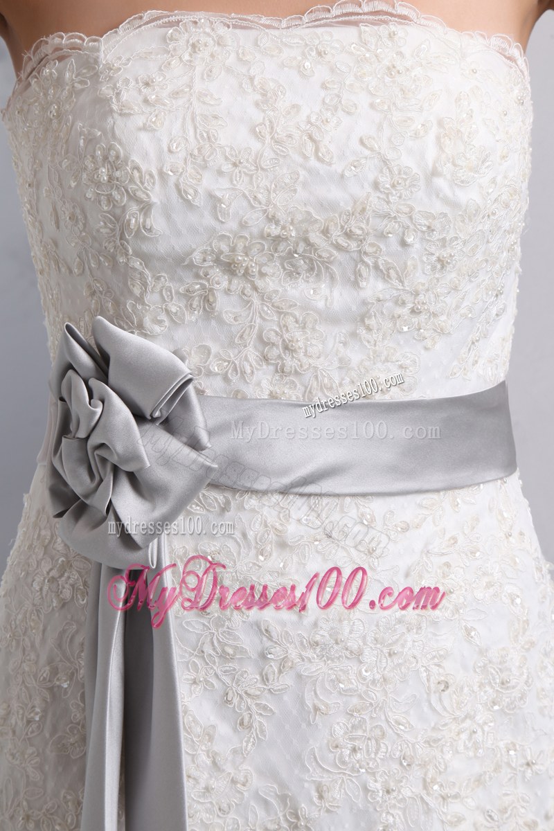 Petal Neckline Sweep Train Wedding Dresses with Handle Flowers Sash