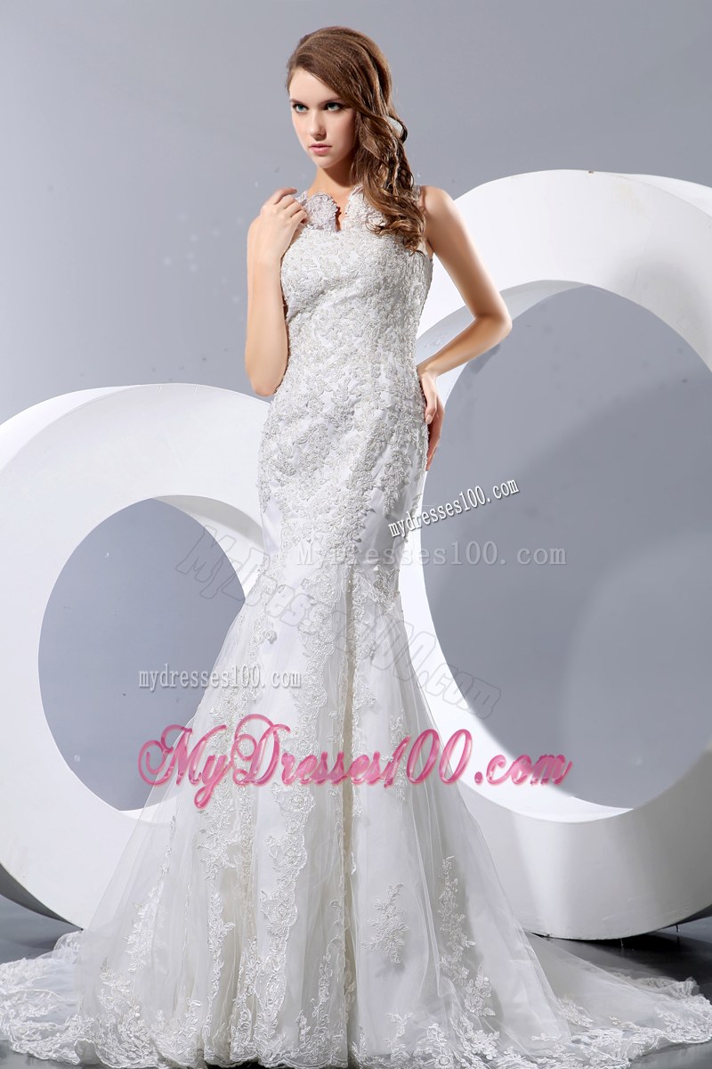 Button Down Back Trumpet Wedding Dresses with Lace Flowers Court Train