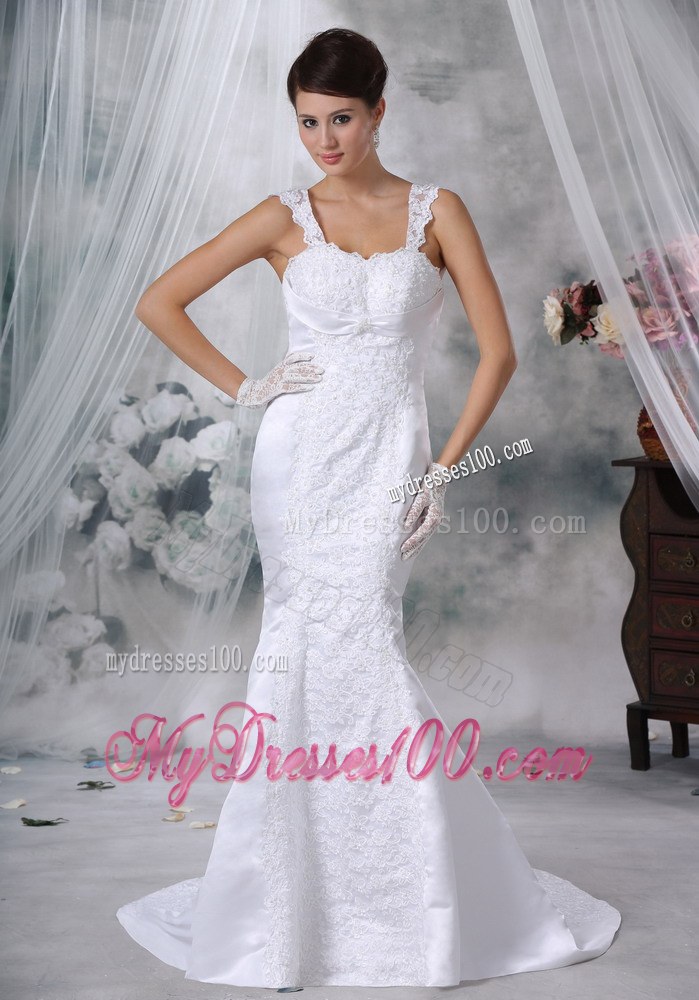 Square Neck Mermaid Appliques Decorated Brush Train Wedding Dress with Straps