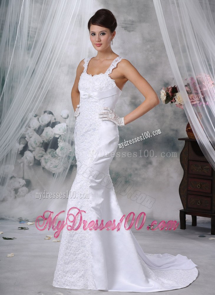 Square Neck Mermaid Appliques Decorated Brush Train Wedding Dress with Straps
