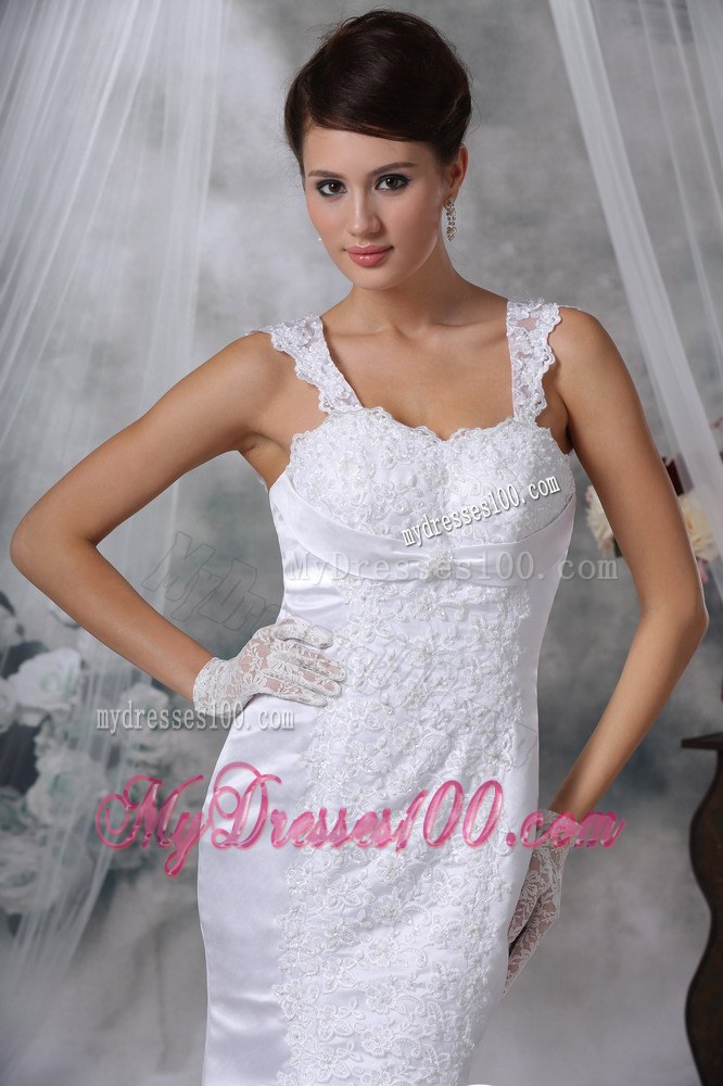 Square Neck Mermaid Appliques Decorated Brush Train Wedding Dress with Straps