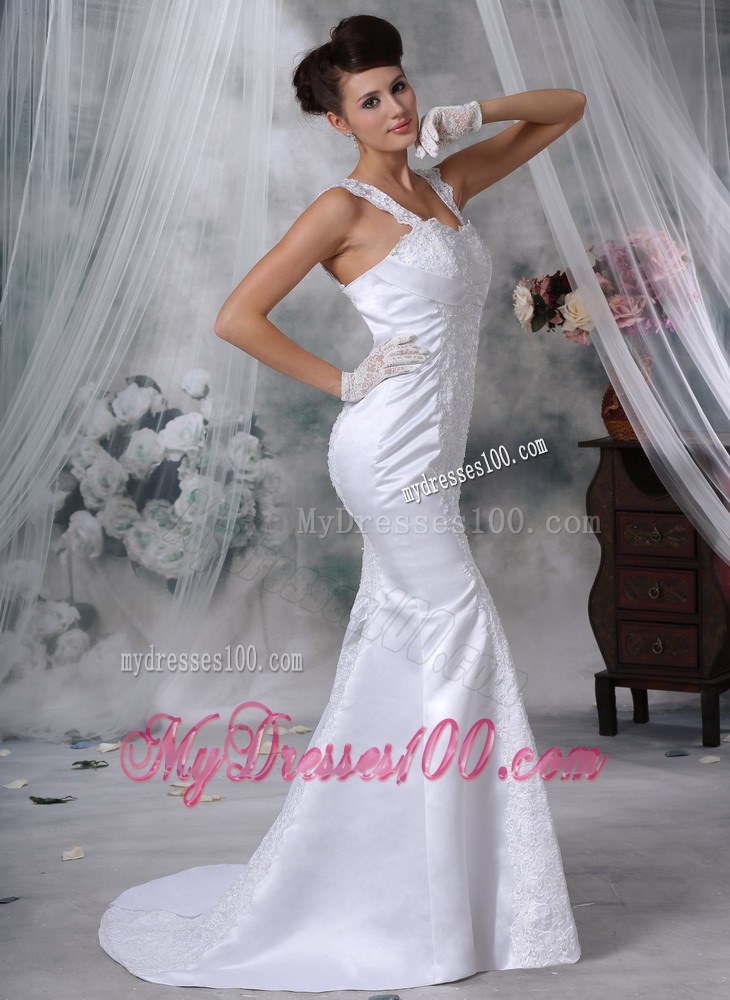 Square Neck Mermaid Appliques Decorated Brush Train Wedding Dress with Straps
