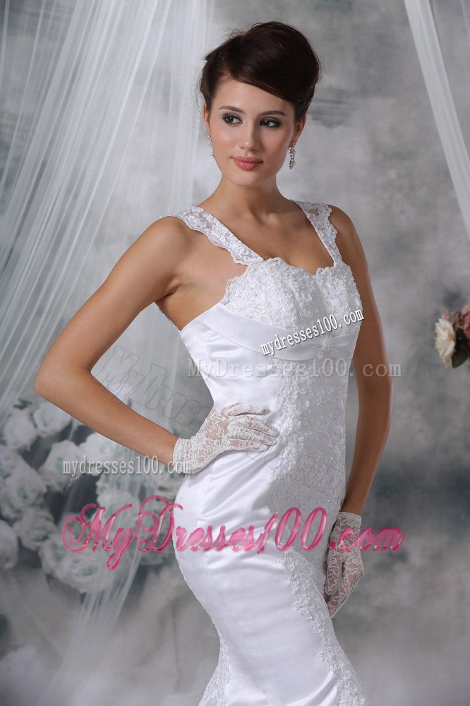 Square Neck Mermaid Appliques Decorated Brush Train Wedding Dress with Straps