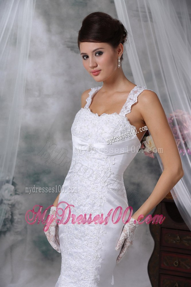 Square Neck Mermaid Appliques Decorated Brush Train Wedding Dress with Straps