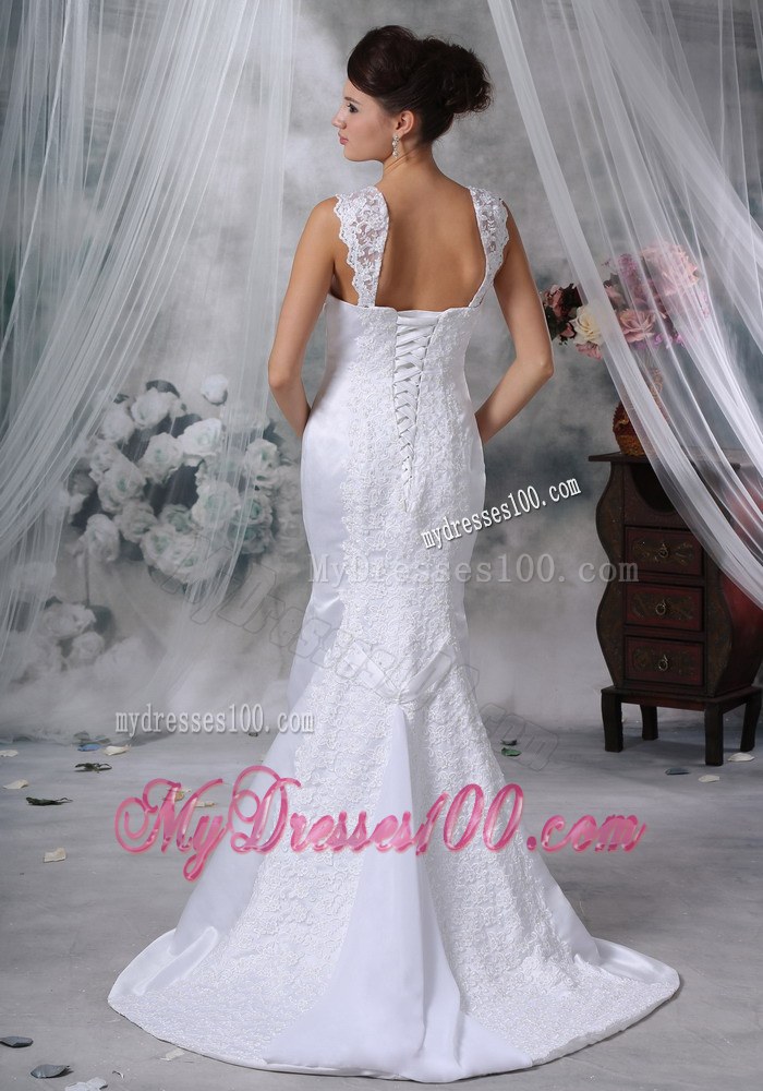 Square Neck Mermaid Appliques Decorated Brush Train Wedding Dress with Straps