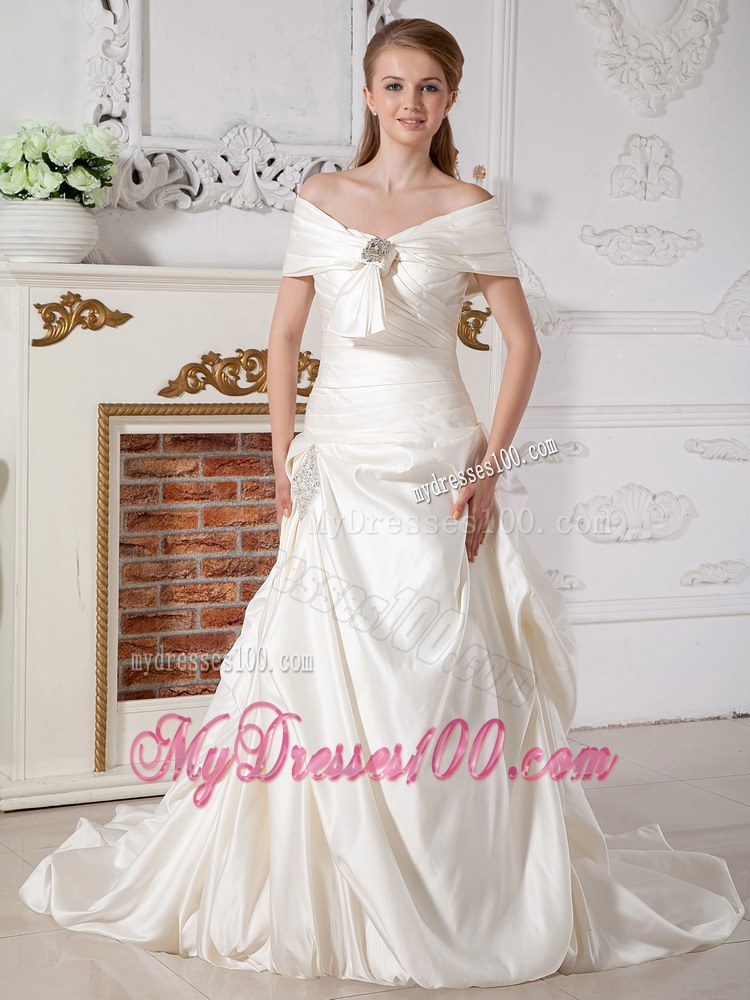 Off The Shoulder Court Train Taffeta Beading Wedding Dresses with Ruche