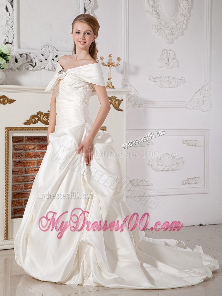 Off The Shoulder Court Train Taffeta Beading Wedding Dresses with Ruche