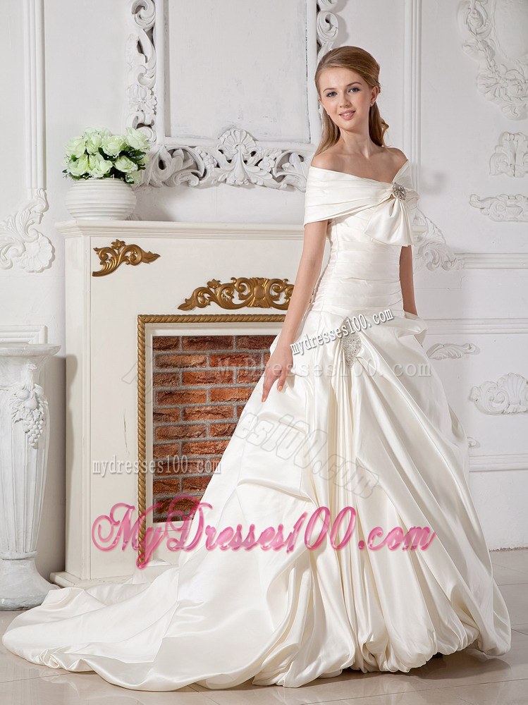 Off The Shoulder Court Train Taffeta Beading Wedding Dresses with Ruche