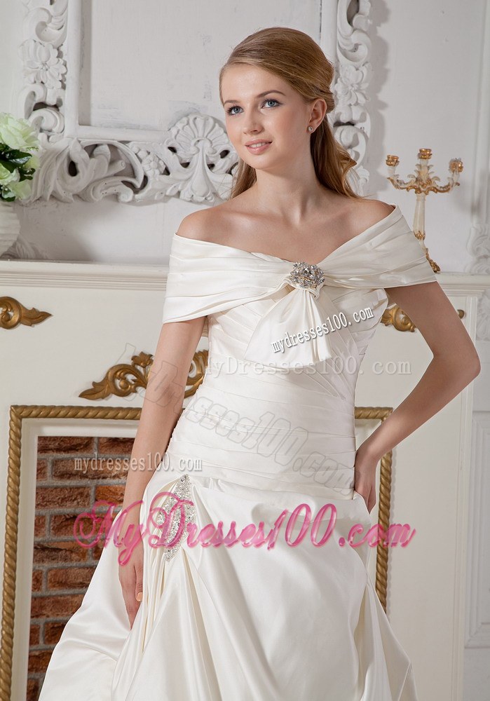 Off The Shoulder Court Train Taffeta Beading Wedding Dresses with Ruche