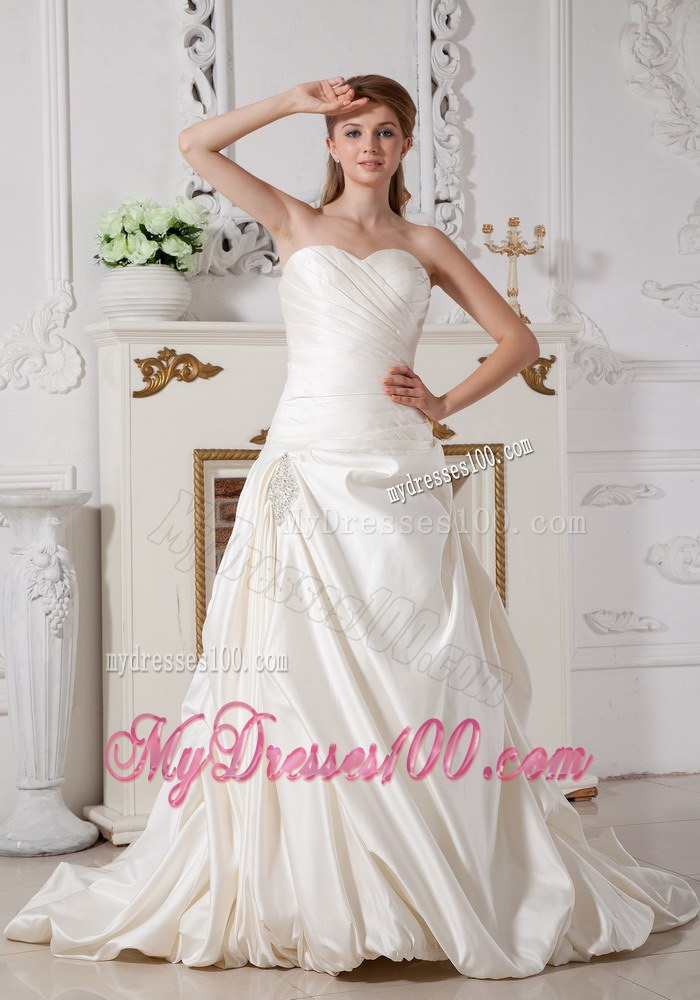 Off The Shoulder Court Train Taffeta Beading Wedding Dresses with Ruche