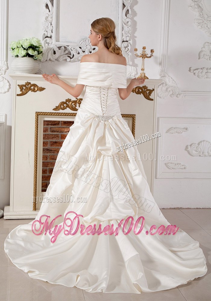 Off The Shoulder Court Train Taffeta Beading Wedding Dresses with Ruche