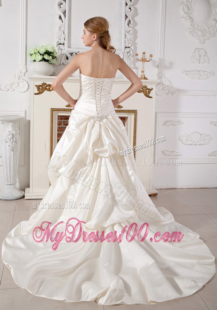 Off The Shoulder Court Train Taffeta Beading Wedding Dresses with Ruche
