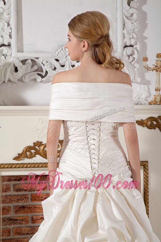 Off The Shoulder Court Train Taffeta Beading Wedding Dresses with Ruche