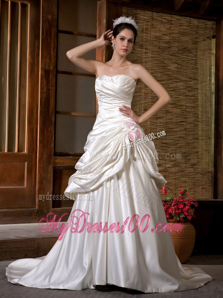 Ruching Pick-ups Two Layers Wedding Dress with Handle Flowers and Court Train