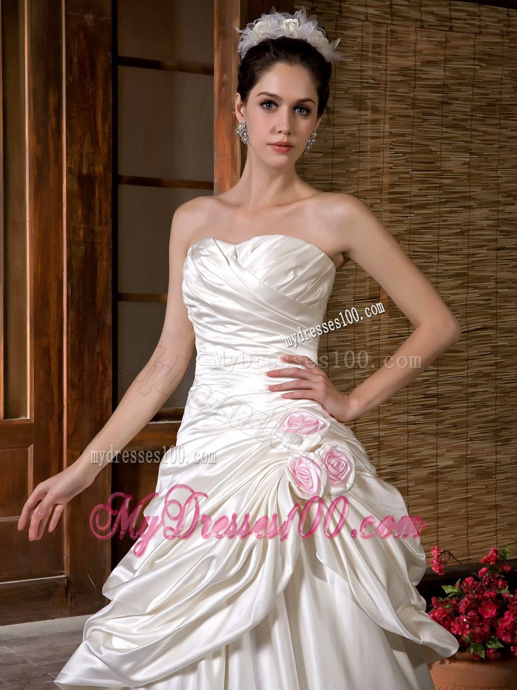 Ruching Pick-ups Two Layers Wedding Dress with Handle Flowers and Court Train
