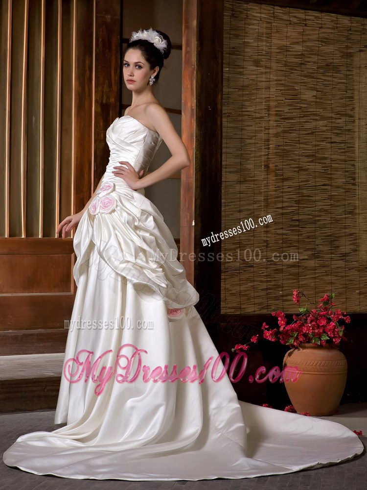 Ruching Pick-ups Two Layers Wedding Dress with Handle Flowers and Court Train