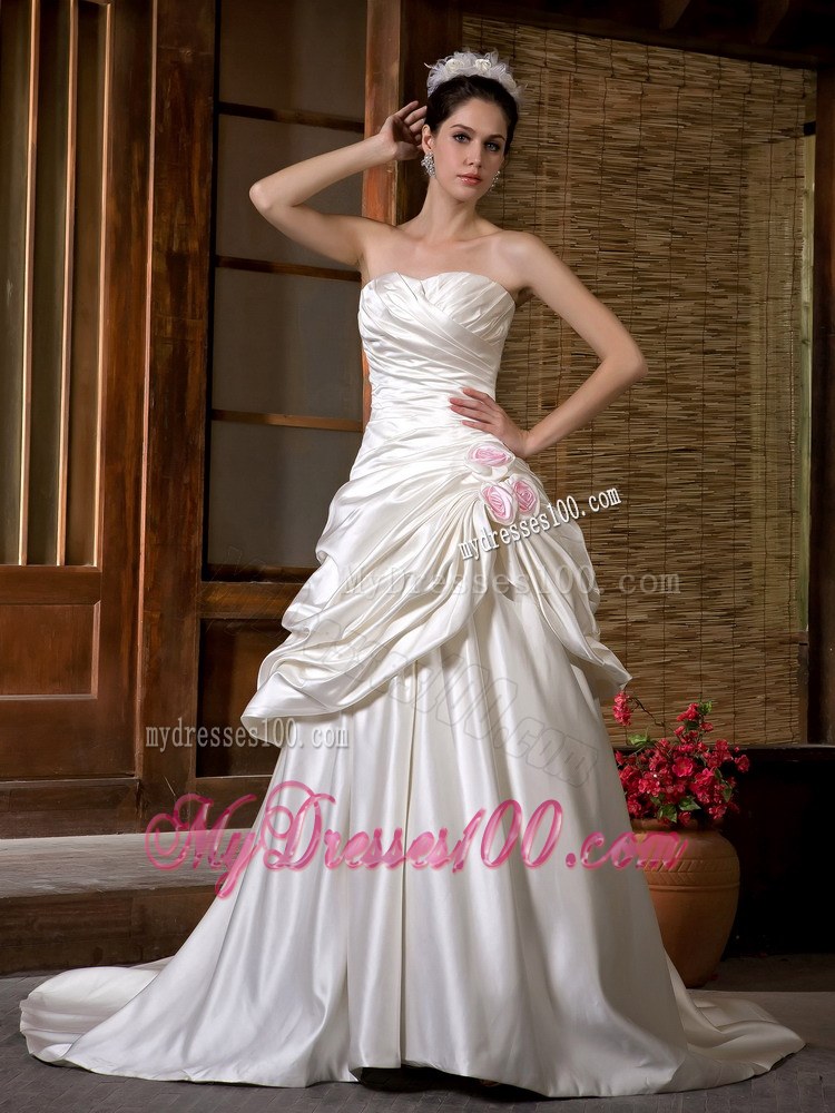 Ruching Pick-ups Two Layers Wedding Dress with Handle Flowers and Court Train