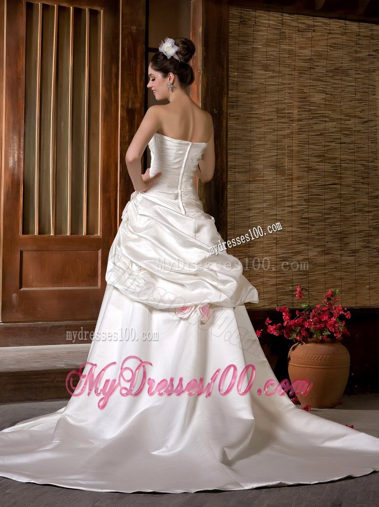 Ruching Pick-ups Two Layers Wedding Dress with Handle Flowers and Court Train