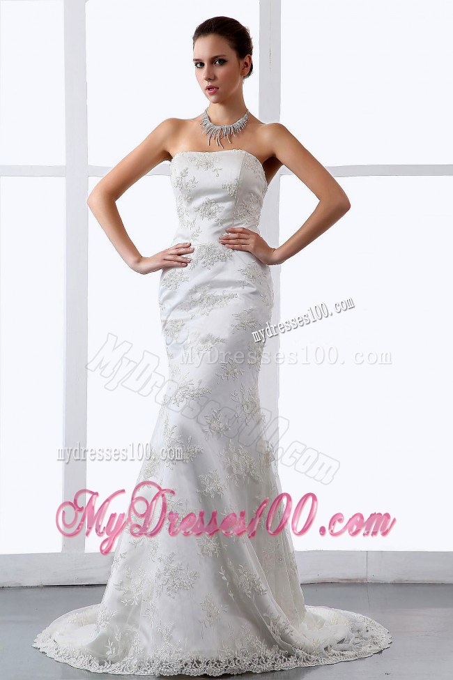 Mermaid Brush Train White Bridal Dresses for Wedding with Embroidery
