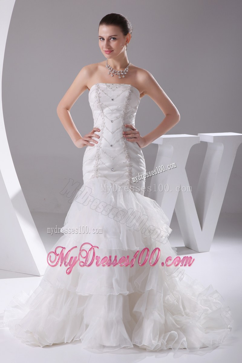 Diamonds Appliques and Ruffled Layers Decorated Trumpet Dress for Brides