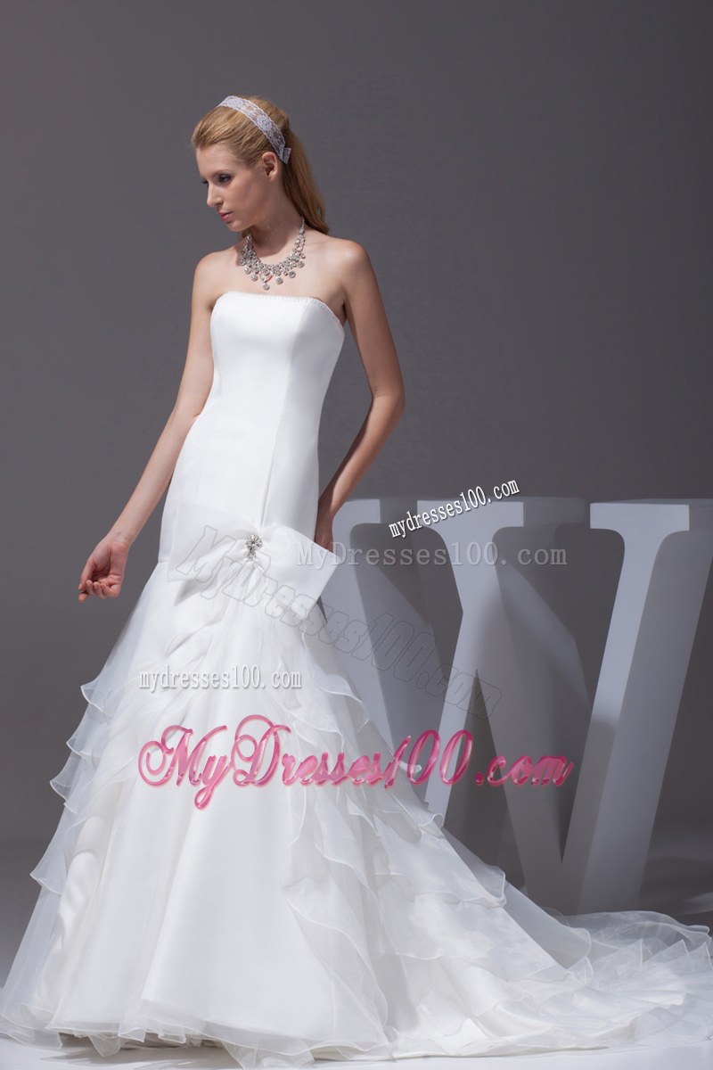 Sheath Court Train Slit Dress for Wedding with Layers and A Beaded Bowknot
