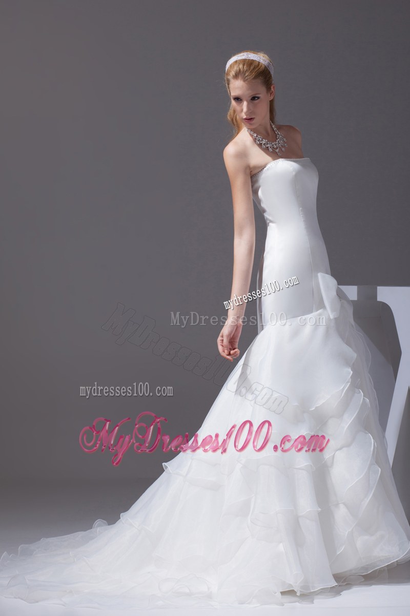 Sheath Court Train Slit Dress for Wedding with Layers and A Beaded Bowknot
