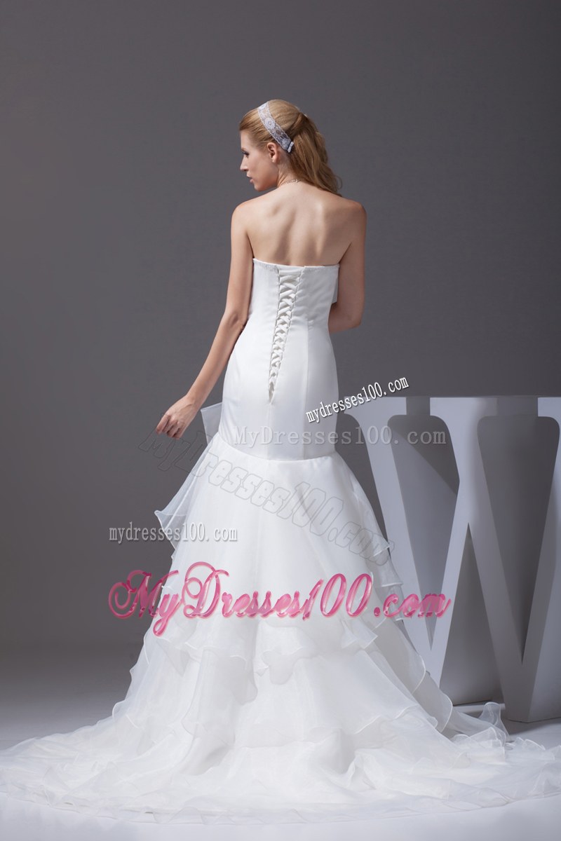 Sheath Court Train Slit Dress for Wedding with Layers and A Beaded Bowknot