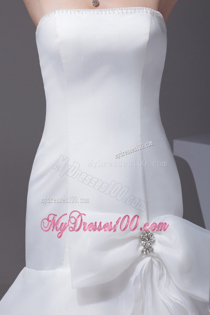 Sheath Court Train Slit Dress for Wedding with Layers and A Beaded Bowknot