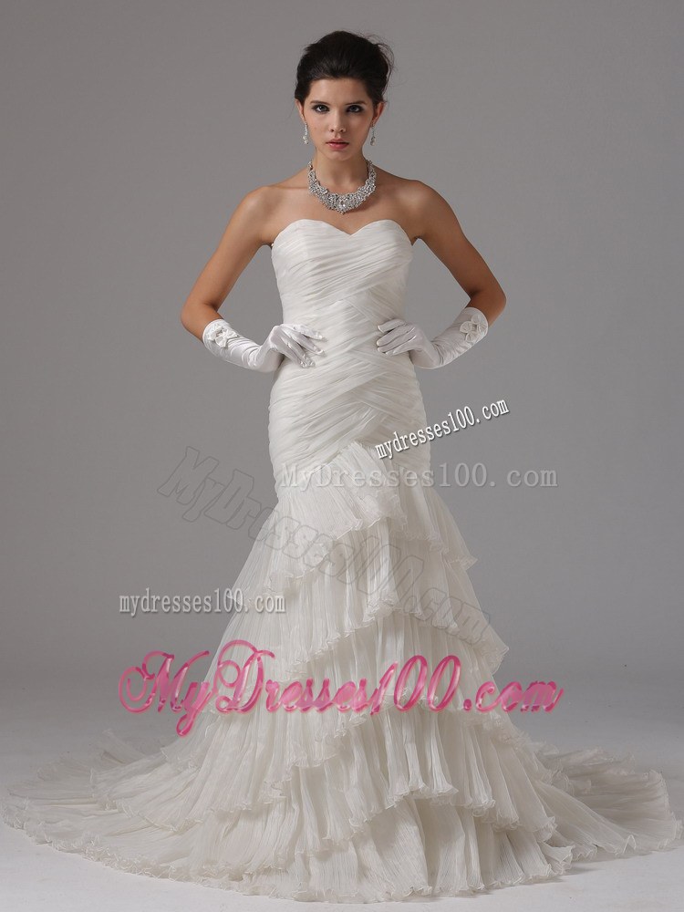 Simple Style Ruffle-layers Chapel Train White Wedding Dresses in Fashion