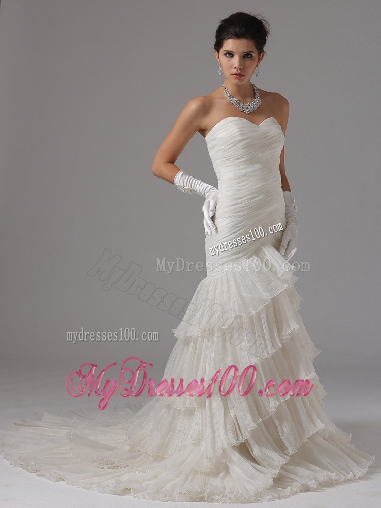 Simple Style Ruffle-layers Chapel Train White Wedding Dresses in Fashion