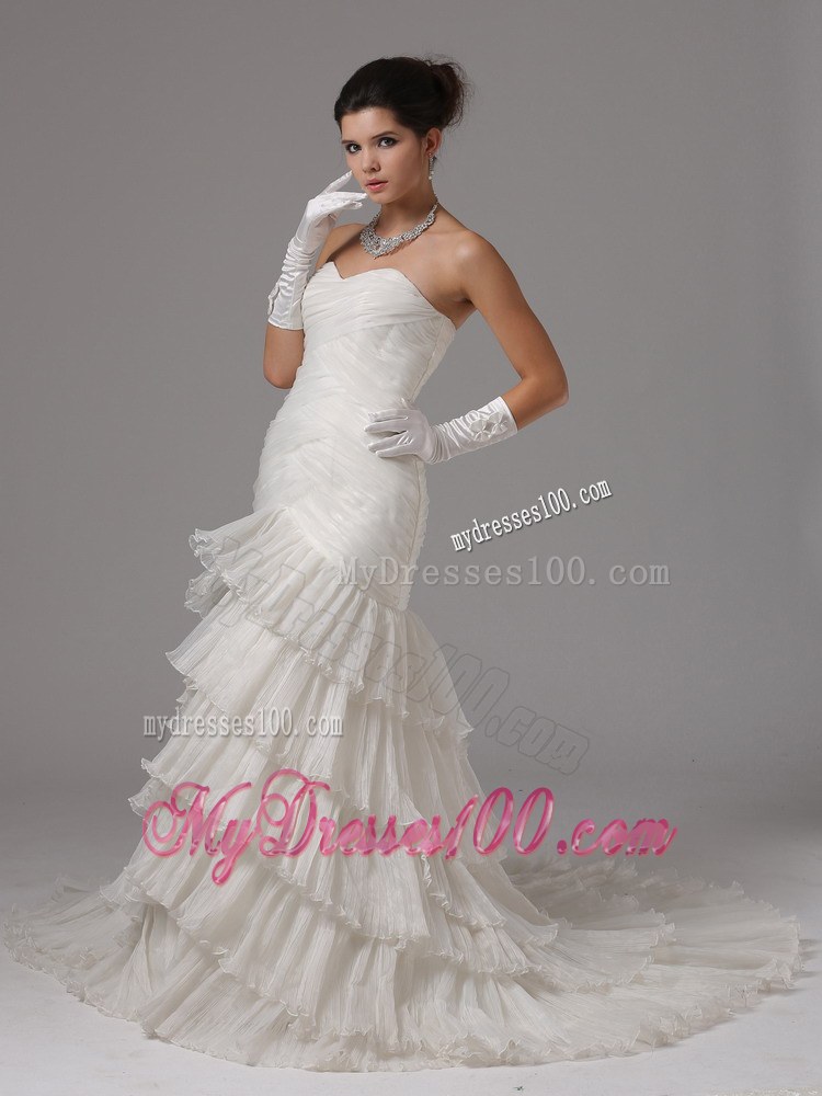 Simple Style Ruffle-layers Chapel Train White Wedding Dresses in Fashion