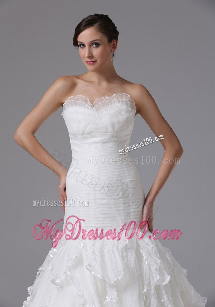 White Mermaid Court Train Bridal Dresses for Wedding with Ruffled Layers